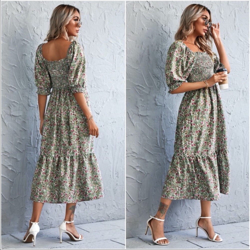 Boho Floral Print Short Sleeve Ruffle Maxi Dress - Picture 2 of 3